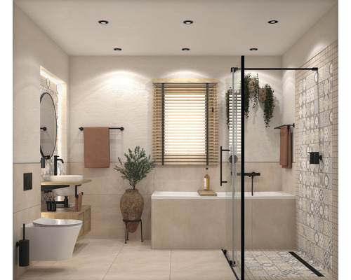Badezimmer mit Toilette, Waschbecken, Spiegel, Badewanne und Duschkabine