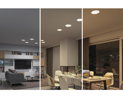 Wohnräume mit eingebauten LED-Deckenspots in verschiedenen Lichtstimmungen.