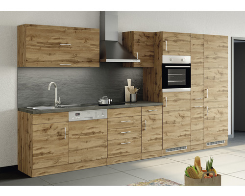 Cuisine complète avec évier, lave-vaisselle, cuisinière, hotte et four aspect bois