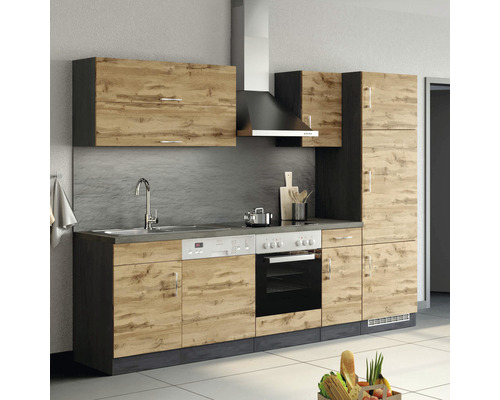 Cuisine équipée avec évier, lave-vaisselle, cuisinière, hotte aspirante et éléments hauts en design bois