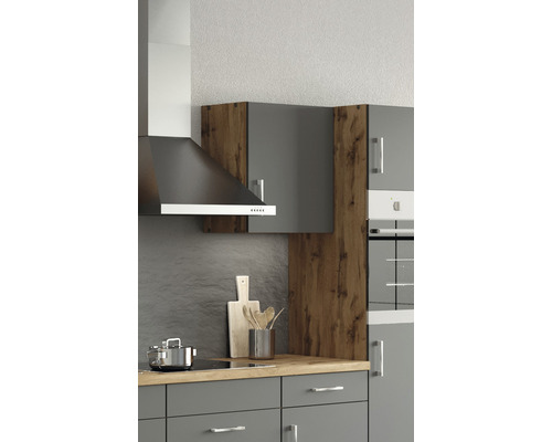 Coin cuisine avec hotte aspirante, évier, plaque de cuisson et armoire suspendue