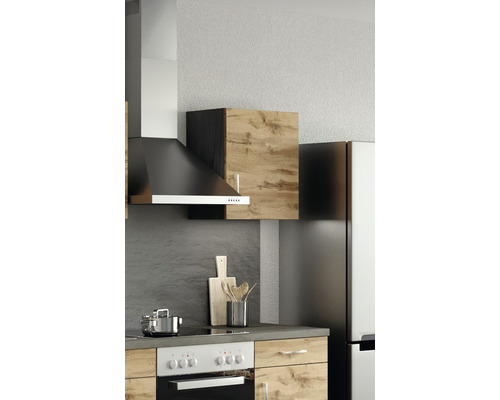 Cuisine avec hotte aspirante, armoire suspendue et cuisinière électrique