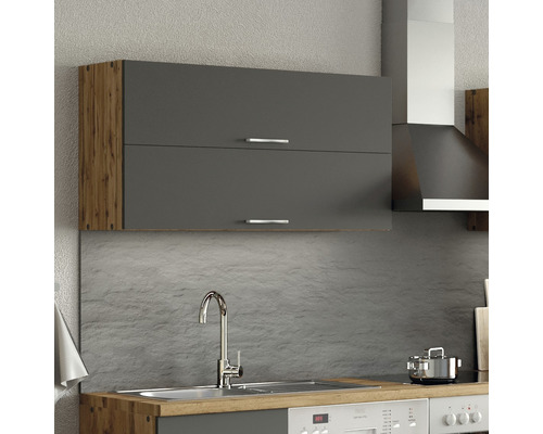 Élément haut de cuisine avec deux portes grises et poignées argentées dans une cuisine