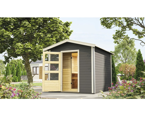 Chalet sauna Karibu Nosse 1 avec poêle 9 kW et commande externe avec vestibule et porte en bois avec verre transparent gris terre cuite/blanc