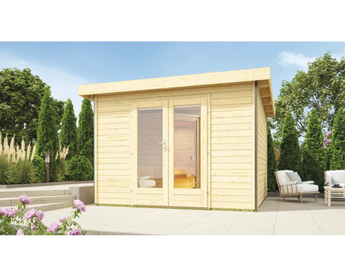 Chalet sauna Karibu Sainburga 1 Set A avec poêle 9 kW et commande externe avec vestibule et porte en bois avec verre transparent