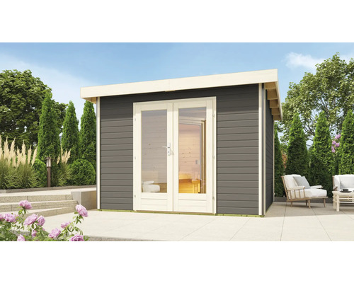 Chalet sauna Karibu Sainburga 1 Set A sans poêle avec vestibule, fenêtre et porte en bois avec verre transparent gris terre cuite/blanc