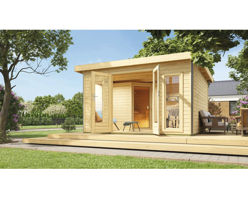 Chalet sauna Karibu Sainburga 3 Set A sans poêle avec vestibule, fenêtre et porte en bois avec verre transparent