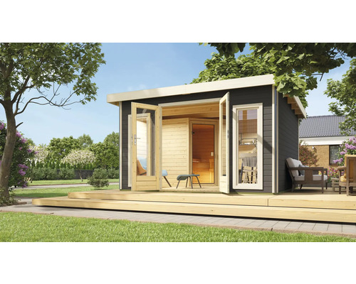 Chalet sauna Karibu Sainburga 3 Set A sans poêle avec vestibule, fenêtre et porte en bois avec verre transparent gris terre cuite/blanc