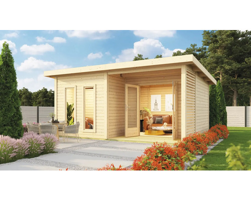 Chalet sauna Karibu Sainburga 5 Set B sans poêle avec vestibule, fenêtre et porte en bois avec verre transparent