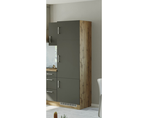 Haut meuble de cuisine en aspect gris et bois avec plusieurs portes.