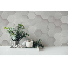 Mur décoratif avec carreaux hexagonaux, arrangement avec bougie, plante et décoration sur un plateau