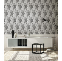 Wohnzimmer mit dreidimensionaler Design-Tapete, Sideboard, Hocker und Teppich