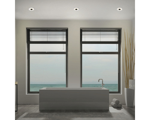 Salle de bains moderne avec baignoire, fenêtres et plafonniers