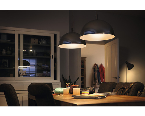 Esszimmer mit Holztisch und zwei Hängelampen im Halbkugeldesign