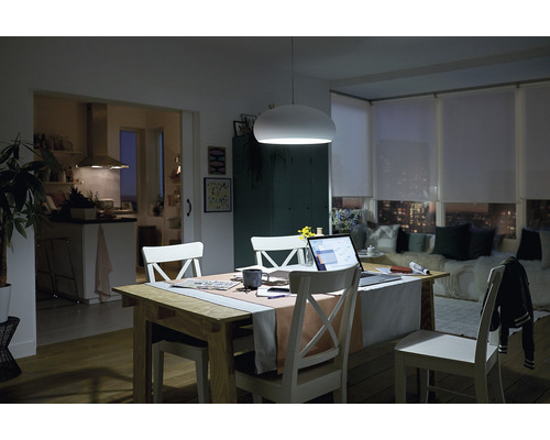 Esszimmer mit Esstisch, Stühlen, Hängelampe und Laptop in hellem, modernem Design