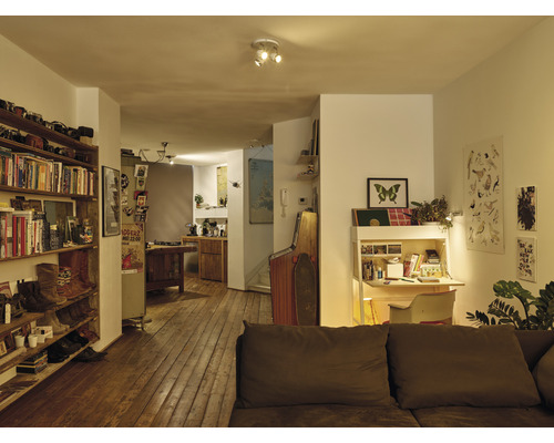 Innenansicht eines Wohnzimmers mit Holzboden, Bücherregal und Schreibtisch