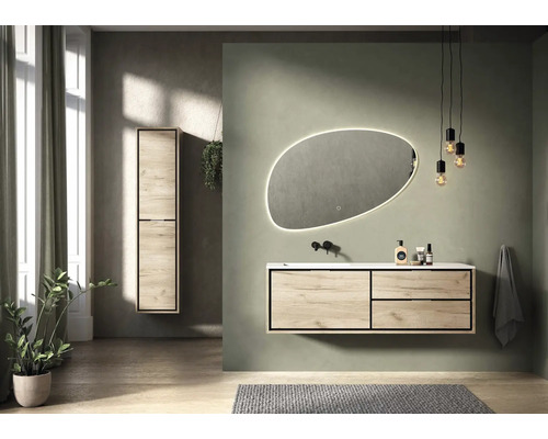 Salle de bains moderne avec meuble sous-lavabo, armoire de toilette, miroir lumineux et suspension