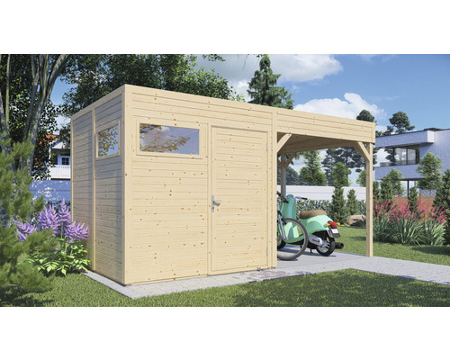 Gartenhaus Bertilo Cubo 2 inkl. Anbaudach und Fussboden 449 x 240 cm natur