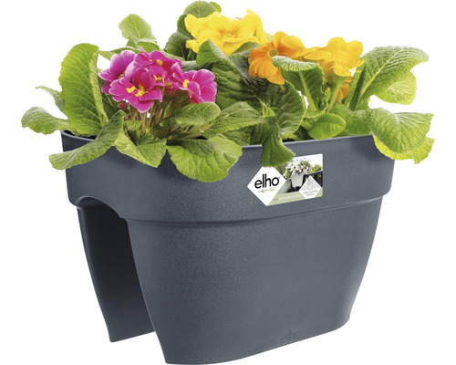 Dunkelgrauer Balkonkasten mit saisonaler Bepflanzung.