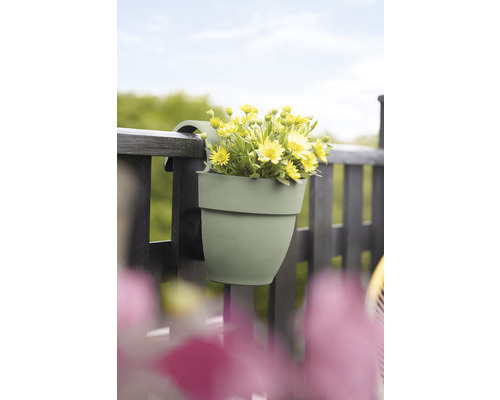 Pot de fleurs à suspendre avec fleurs jaunes sur une balustrade de balcon