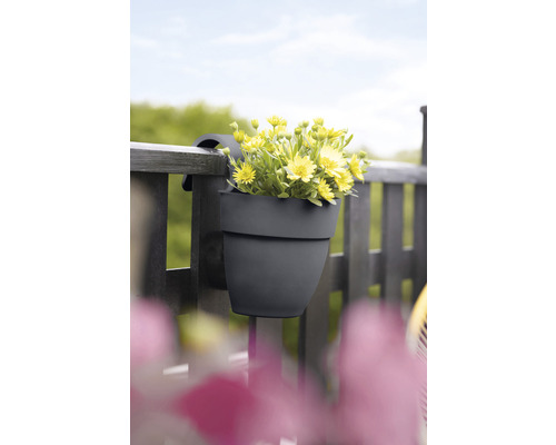 Jardinière de balcon grise avec des fleurs jaunes sur la balustrade