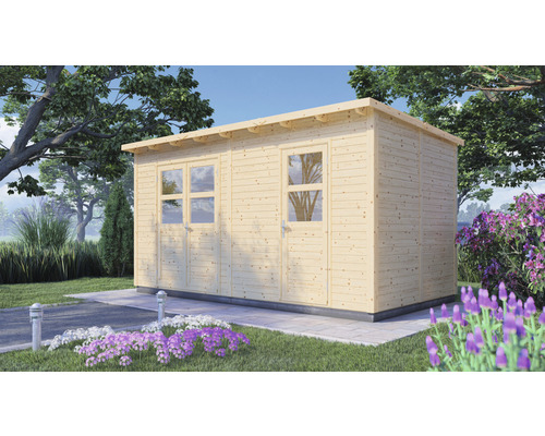 Maison de jardin en bois avec fenêtres et porte dans le jardin