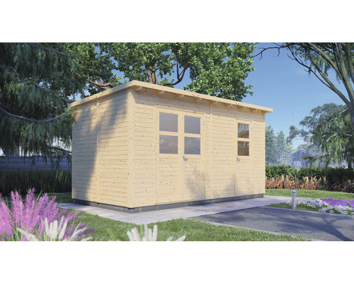Abri de jardin en bois avec fenêtres et porte dans le jardin