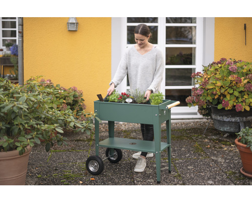 Femme plantant un potager surélevé à roulettes dans le jardin.