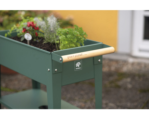 Jardinière surélevée avec plantes et poignée en bois