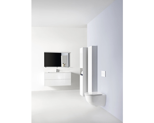 Salle de bains lumineuse avec lavabo, miroir, armoire suspendue et WC suspendu