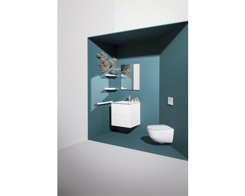 Salle de bains avec meuble sous-lavabo, miroir, WC suspendu et étagères