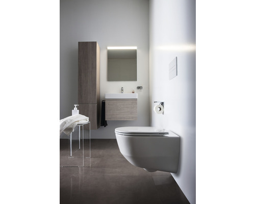Salle de bains moderne avec WC suspendu, lavabo, miroir et armoire haute