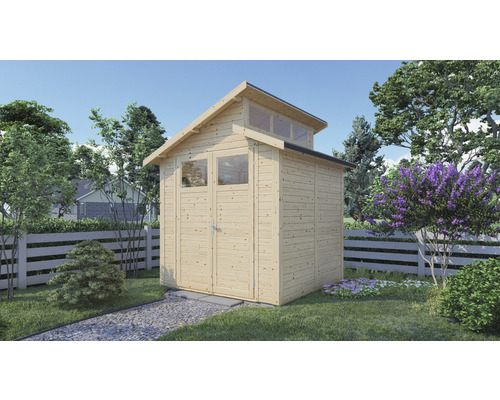 Abri de jardin en bois avec double porte et lucarne dans le jardin
