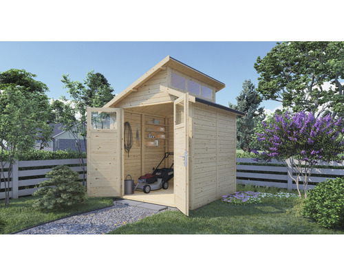 Abri de jardin en bois avec portes doubles et fenêtres de toit dans le jardin avec outils de jardin.