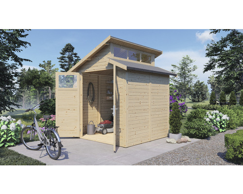 Abri de jardin en bois avec portes ouvertes, rangée de fenêtres et vélo devant