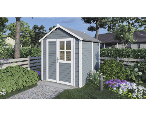 Abri de jardin en bois avec porte et fenêtre dans le jardin