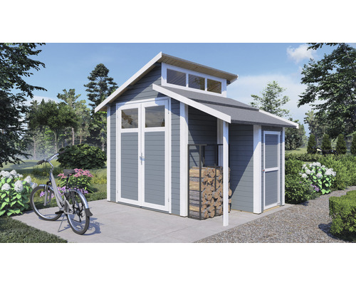 Gartenhaus mit Fahrrädern und Holzregal im Garten.