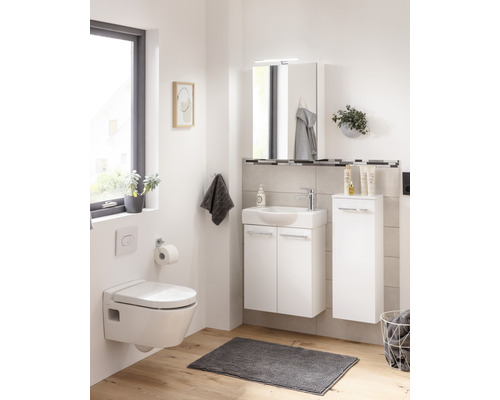 Badezimmer mit Toilette, Waschbecken, Spiegelschrank und Badezimmermöbeln in Weiss