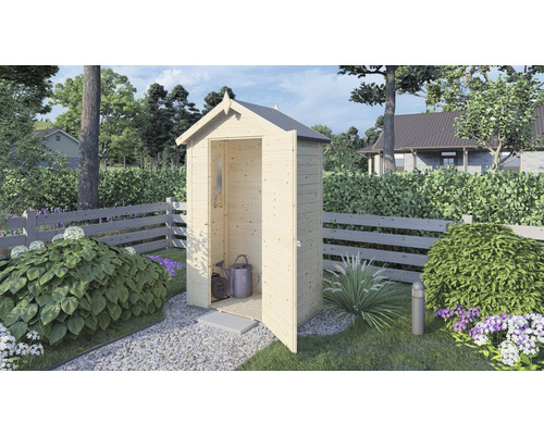 Armoire de jardin en bois avec porte ouverte pour ranger les outils de jardin