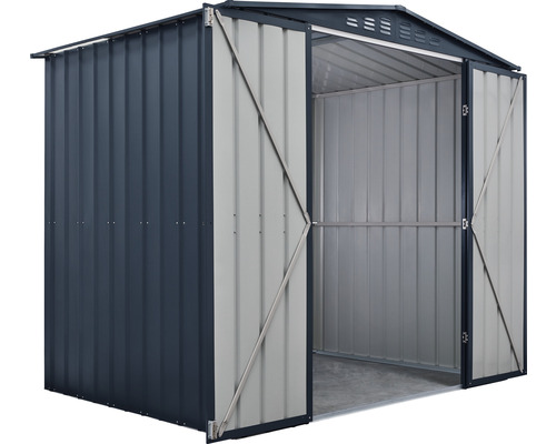 Abri de jardin en métal avec portes doubles ouvertes