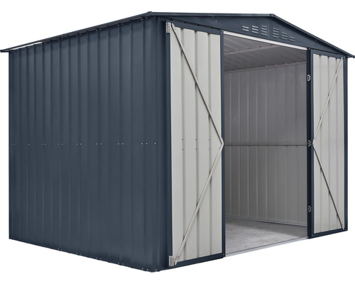 Abri de jardin métallique avec porte ouverte