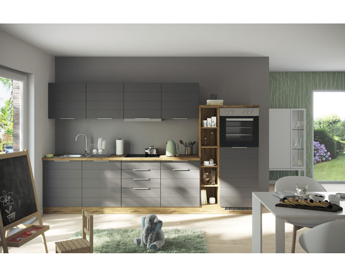 Cuisine moderne avec des armoires grises et des éléments en bois