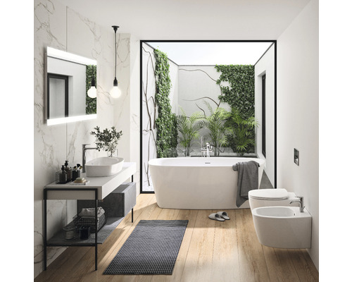 Salle de bain avec baignoire, lavabo, miroir, bidet et plantes