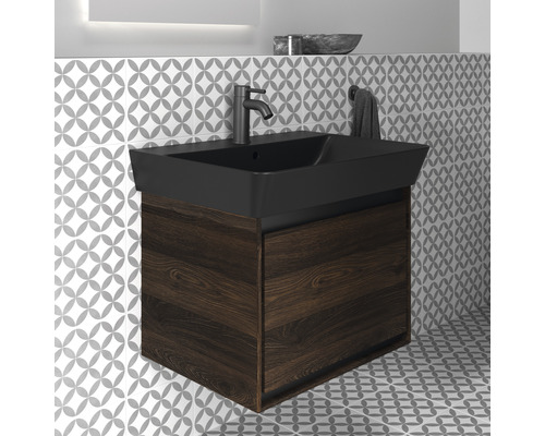 Waschtischkombination mit Unterschrank in Holzoptik und schwarzem Waschbecken