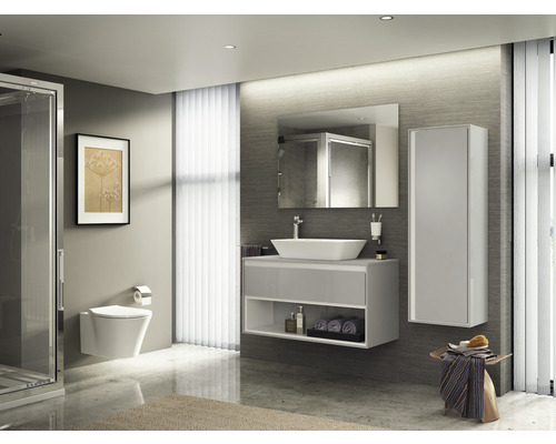 Salle de bains moderne avec meuble-lavabo, miroir, armoire suspendue, WC et douche.