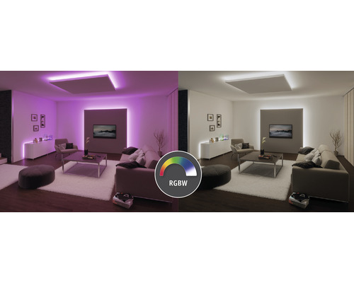 Salon avec éclairage RGBW pour différentes couleurs de lumière