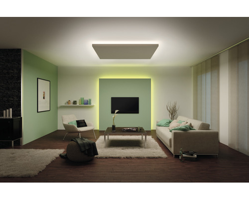 Salon avec plafonnier, canapé, fauteuil et télévision