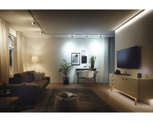 Salon avec canapé, bureau, télévision et système d''éclairage