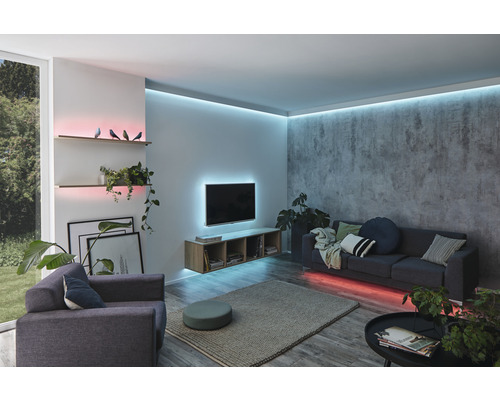 Wohnzimmer mit Sofa, Sessel, Regalen und indirekter Beleuchtung