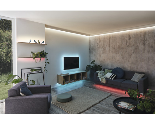 Wohnzimmer mit Sofa, Sessel, Regalen und LED-Beleuchtung